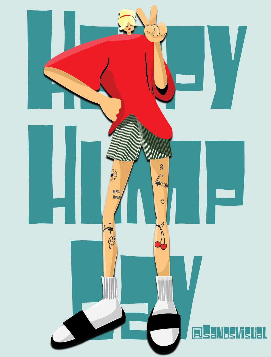 Illustrated character with a peace sign in front of big teal Happy Hump Day lettering