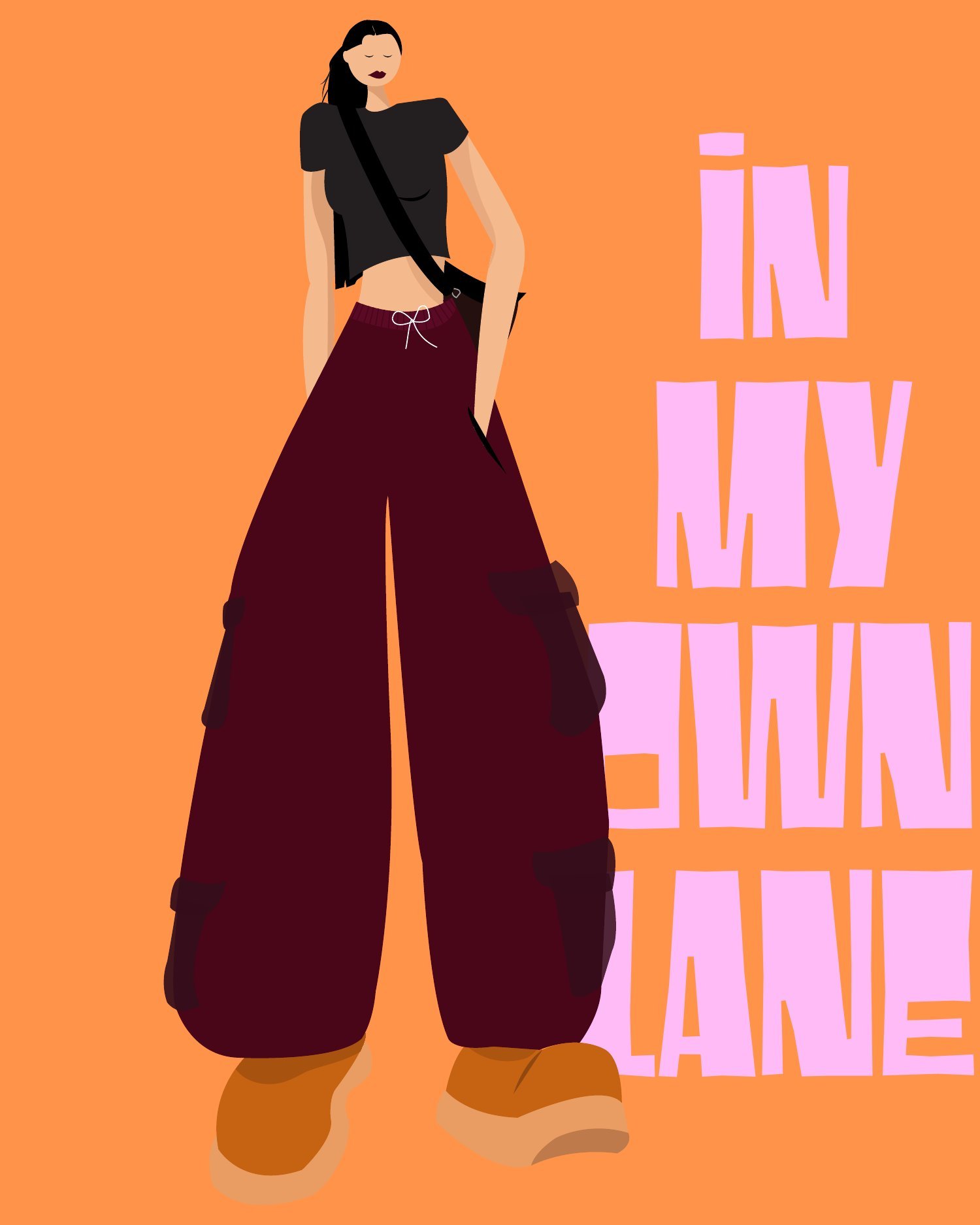 Illustrated character in burgundy cargo pants in front of pink In My Own Lane lettering on orange