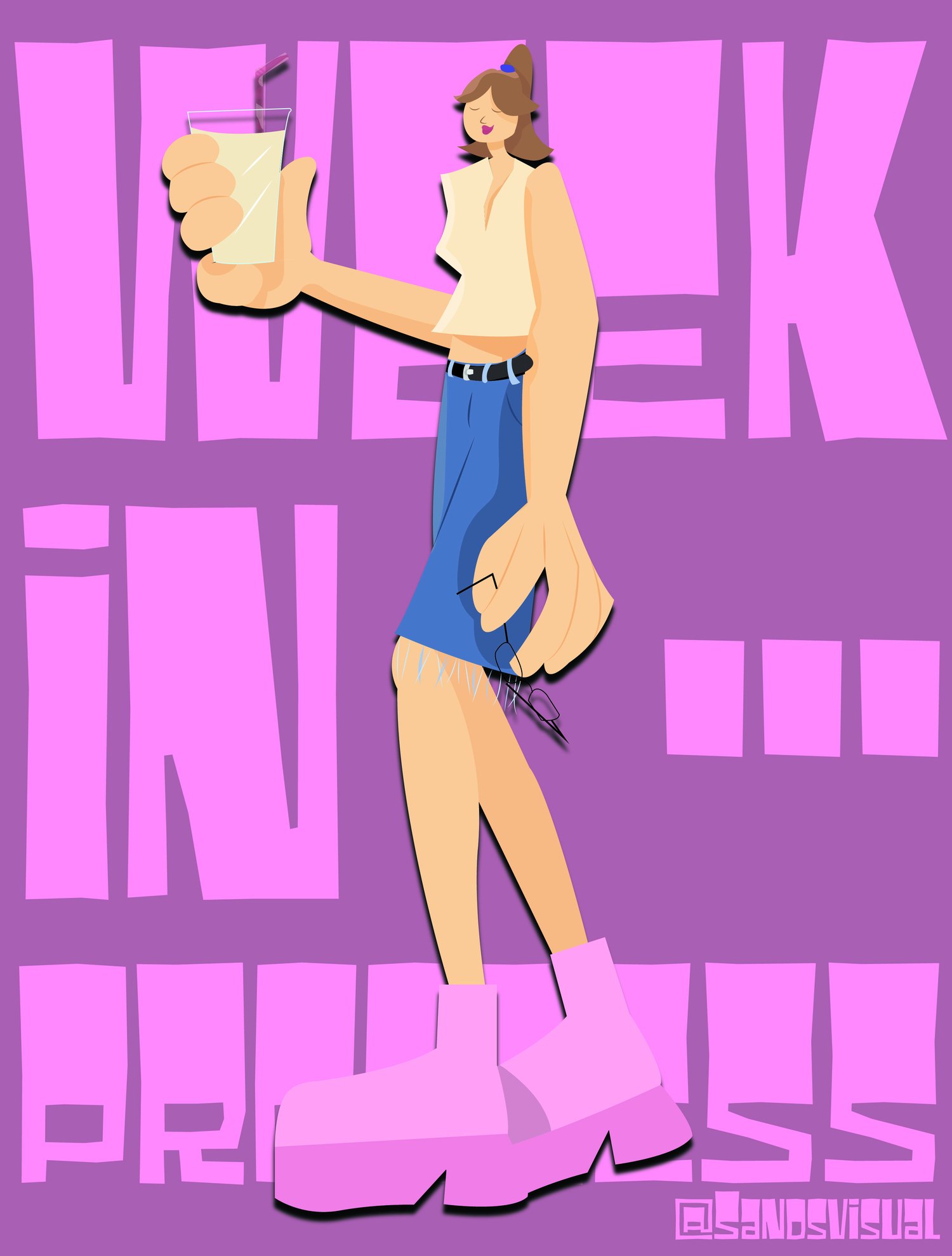 Illustrated character holding a drink in front of pink Week in Progress lettering on purple