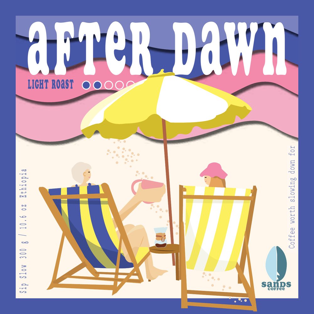 After Dawn label, two deck chairs under a yellow umbrella