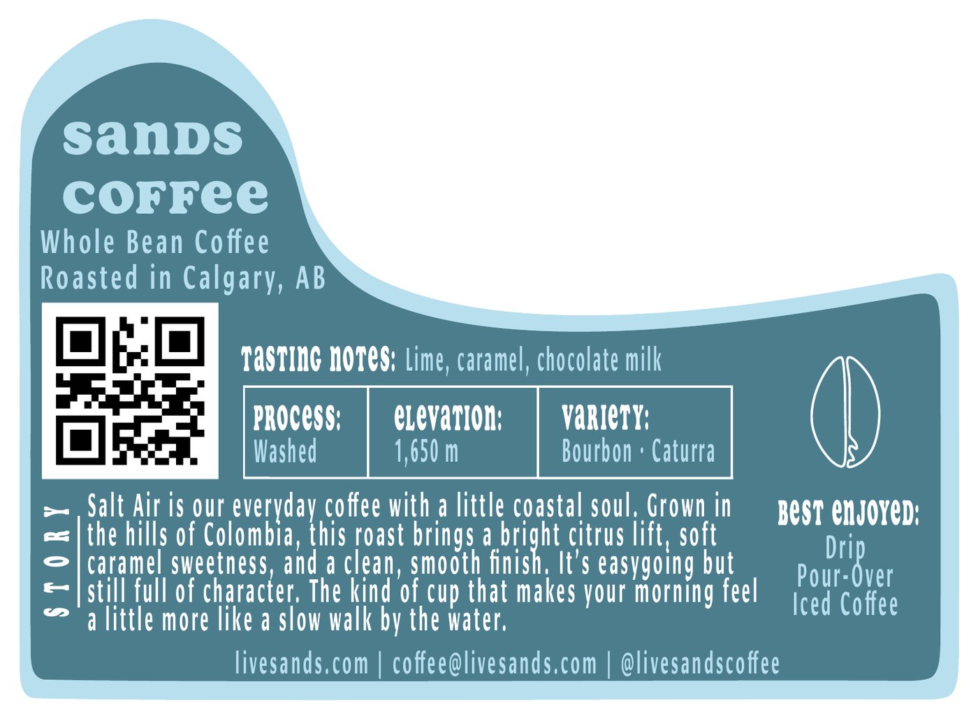 Back label for Salt Air with a wave-shaped outline, tasting notes, QR code and story