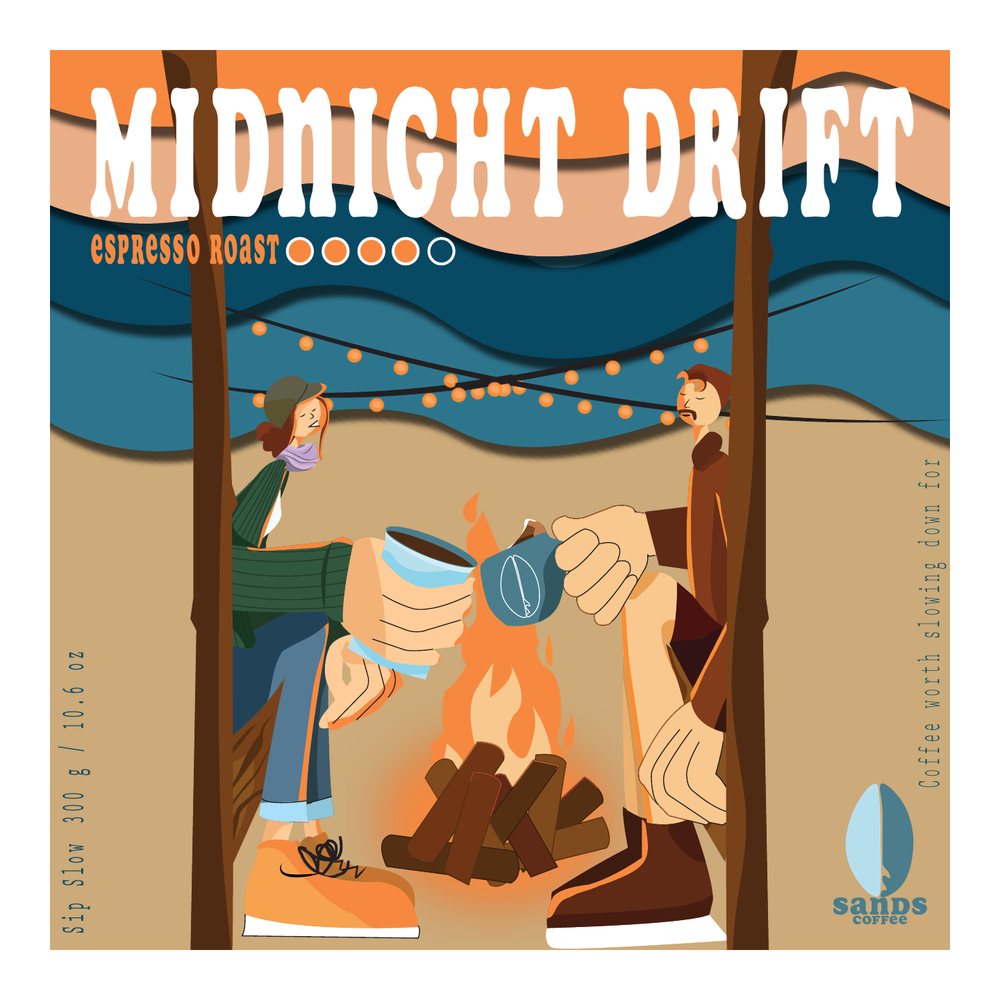 Midnight Drift label, friends around a campfire