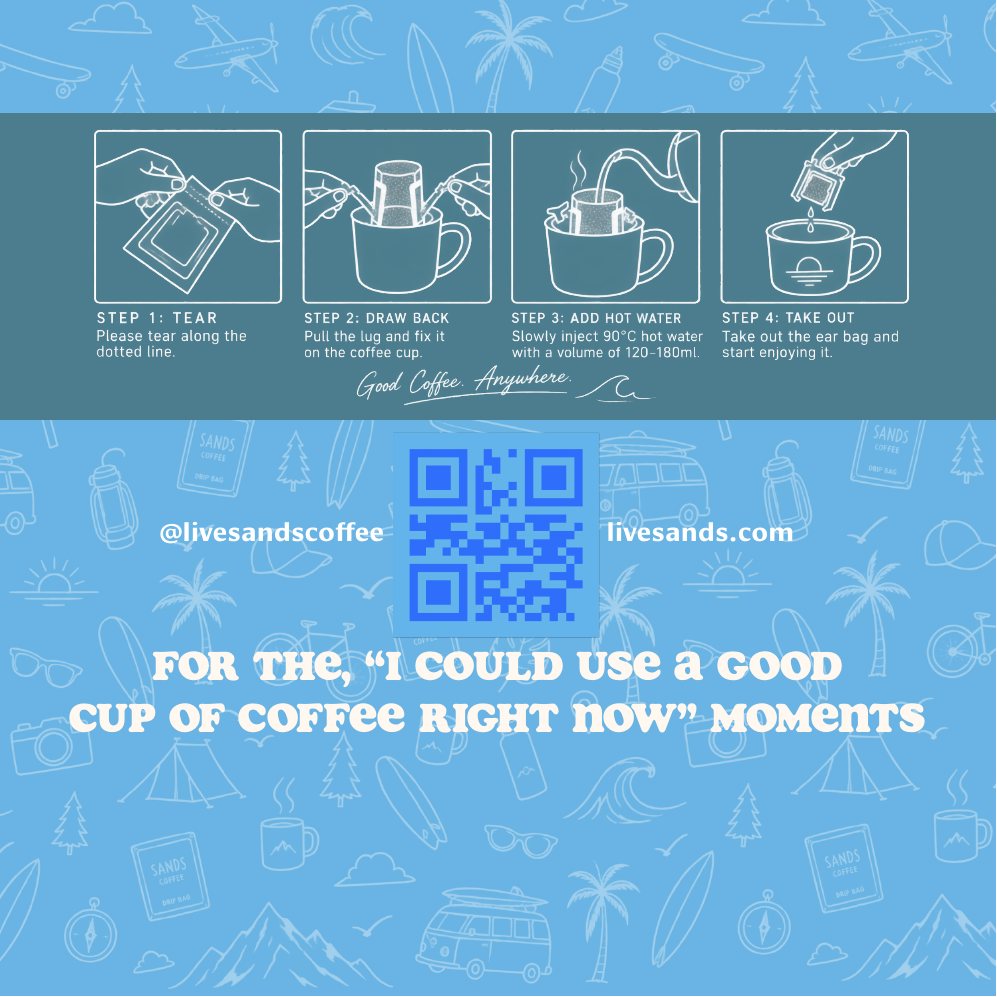 Back of the drip bag with four illustrated brewing steps