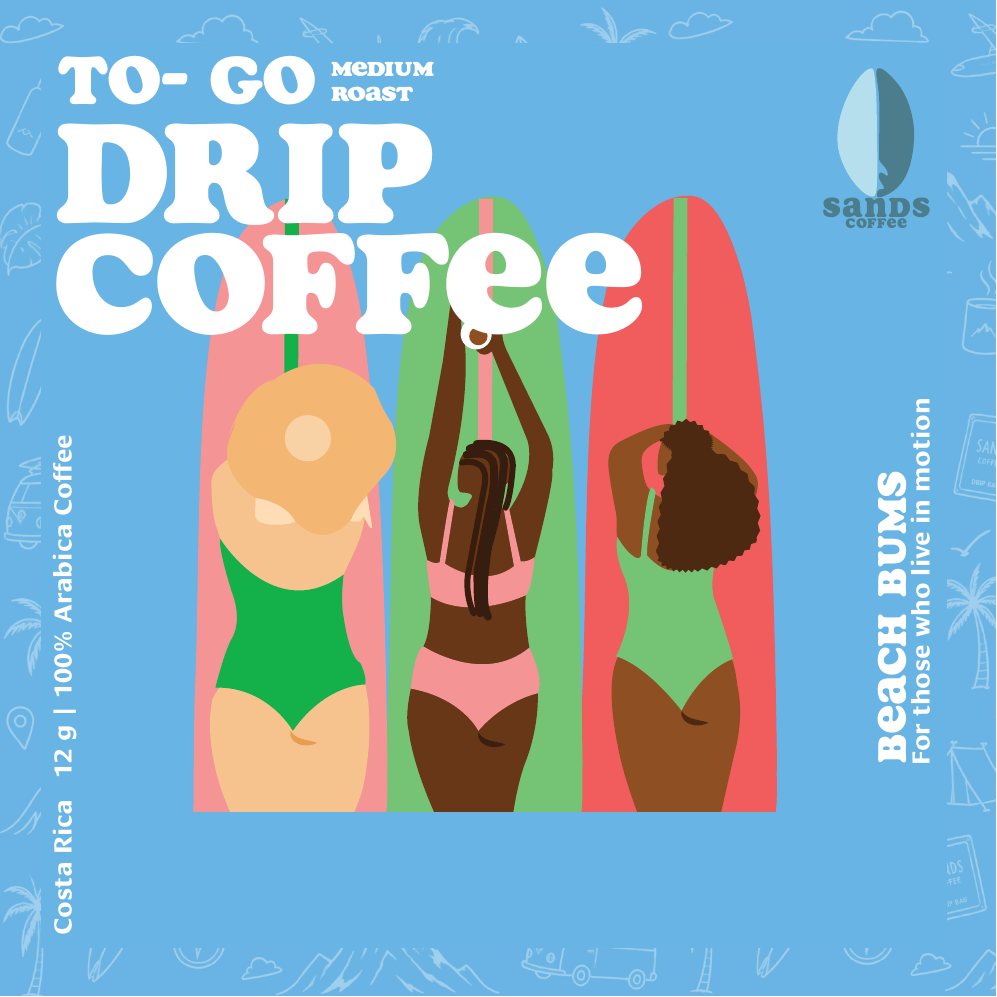 Sands Coffee To-Go drip coffee bag with three surfboards