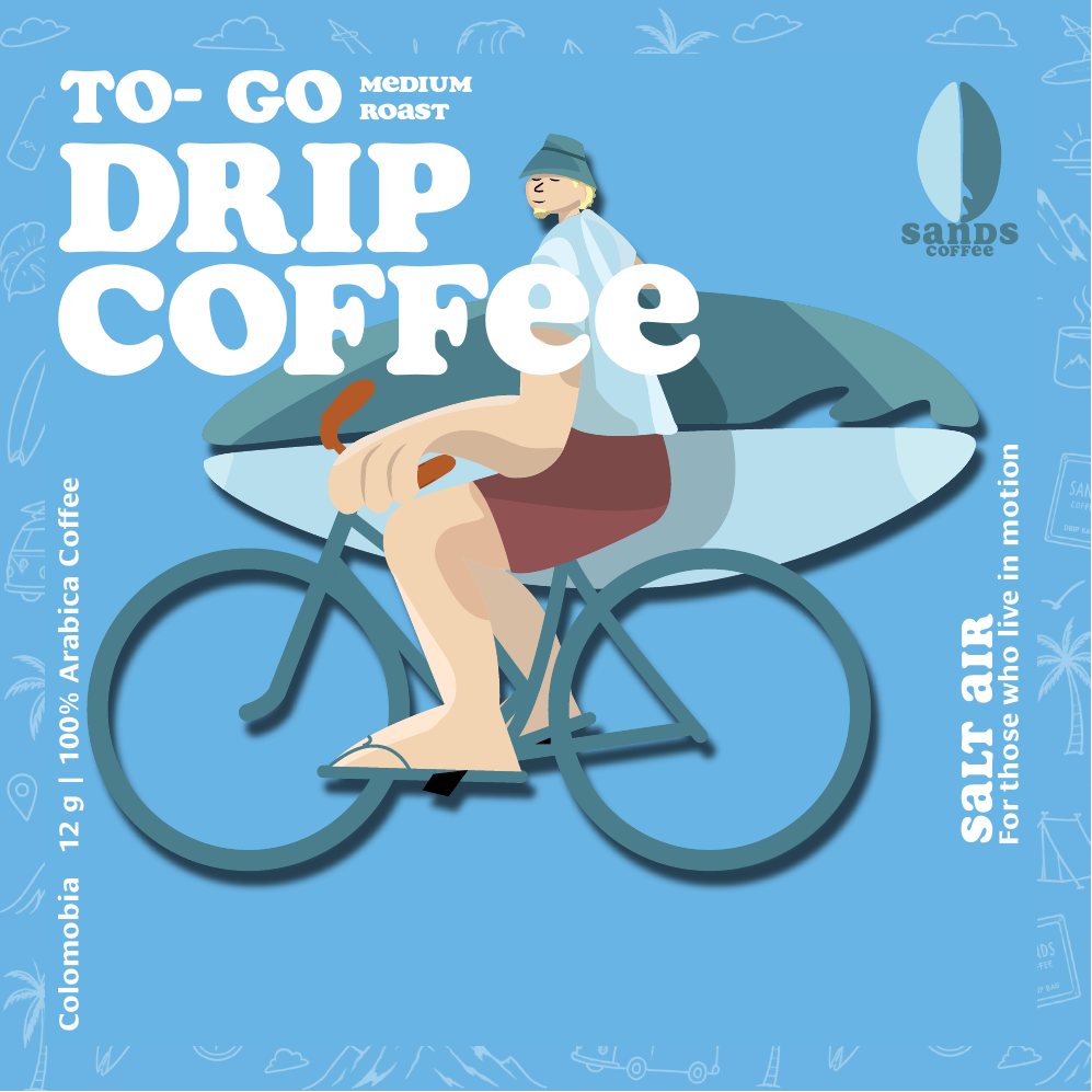 Sands Coffee To-Go drip coffee bag with a cyclist carrying a surfboard