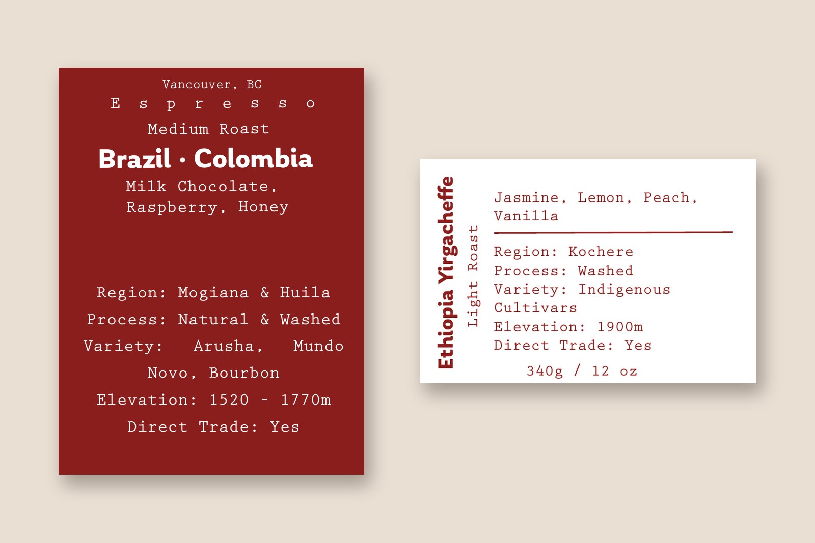 NOMU box label for an espresso blend and bag label for Ethiopia Yirgacheffe