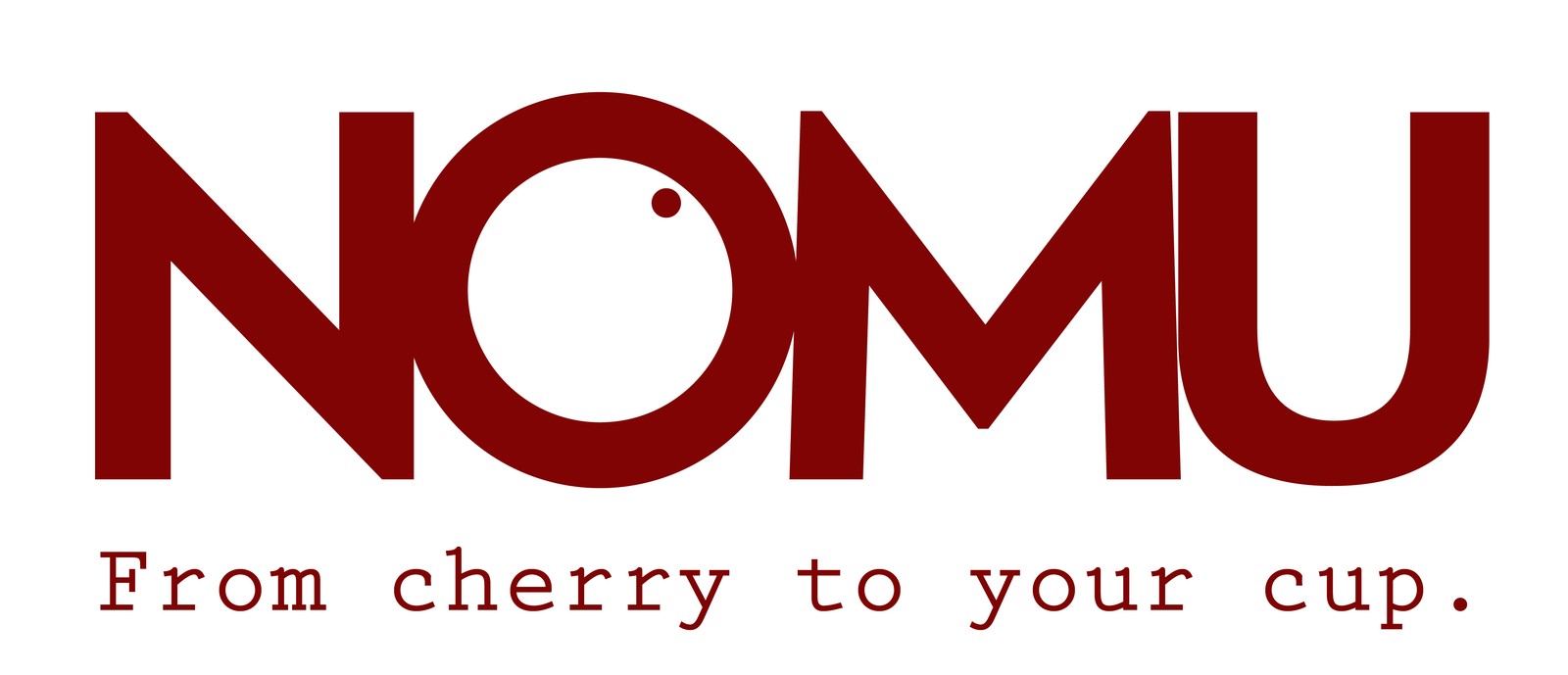 NOMU wordmark in dark red with the tagline From cherry to your cup