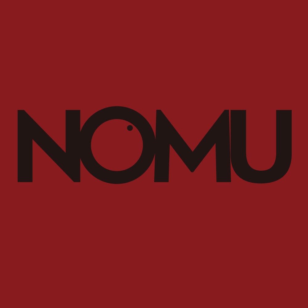 NOMU wordmark in near-black on red