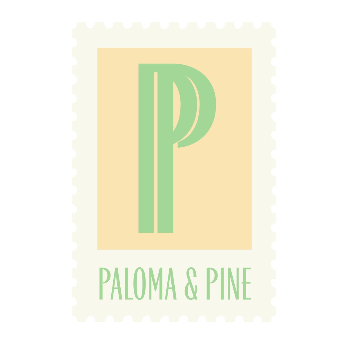 Paloma and Pine logo, a cream postage stamp with a green P
