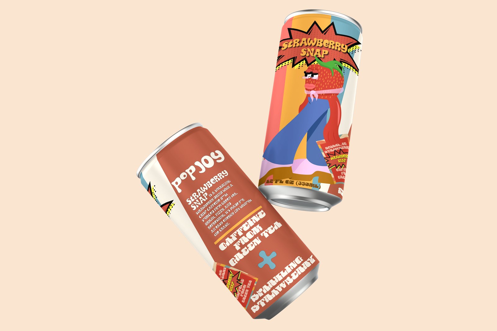 Two Strawberry Snap cans floating, one showing the strawberry character and one showing the PopJoy logo and flavor story