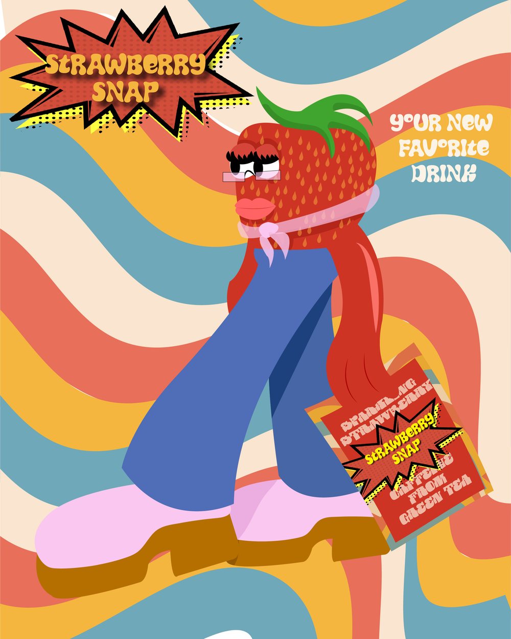 Poster of the strawberry character on a retro swirl with the line Your new favorite drink
