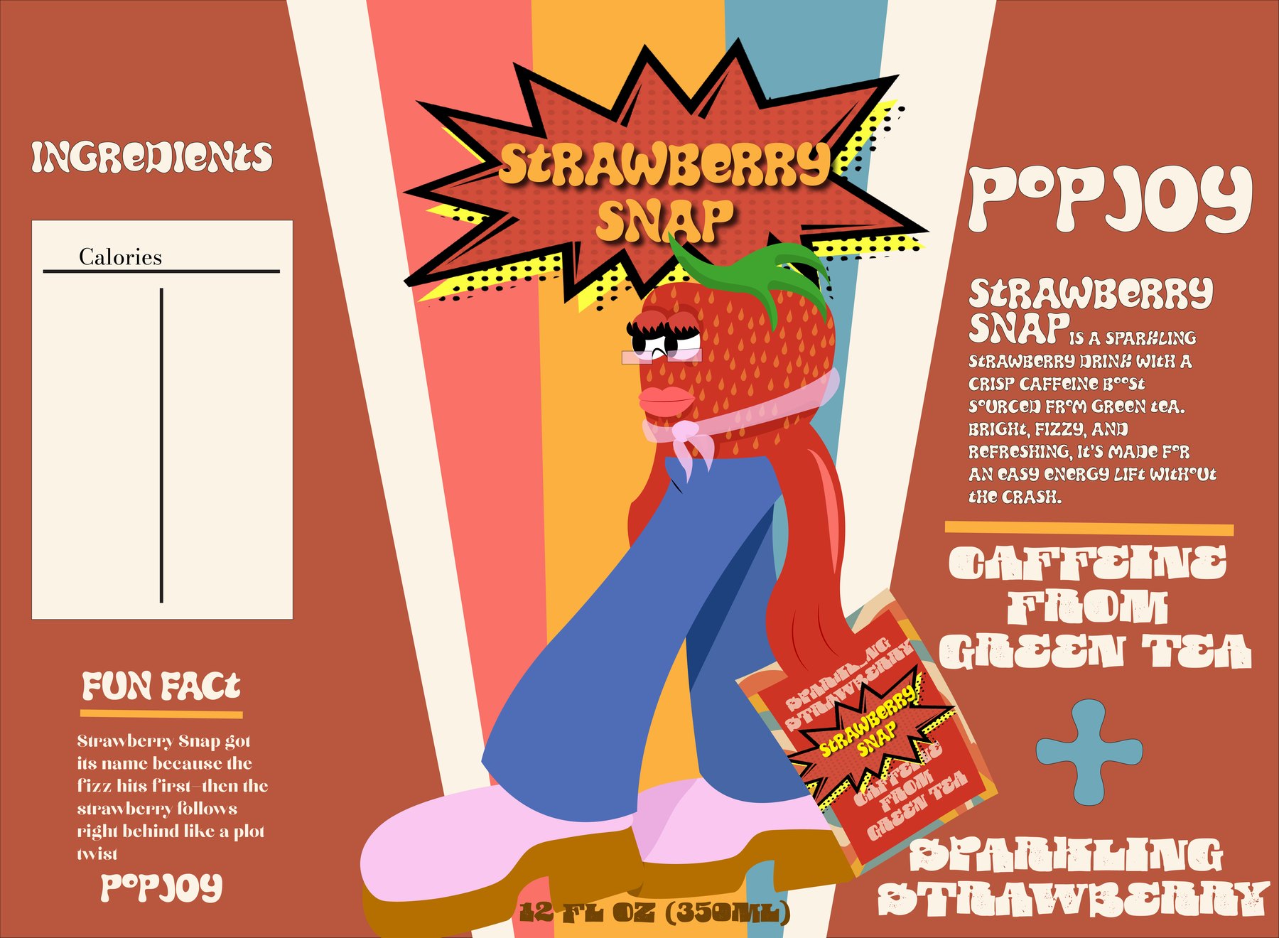 Flat can wrap for Strawberry Snap with the strawberry character, flavor story and fun fact