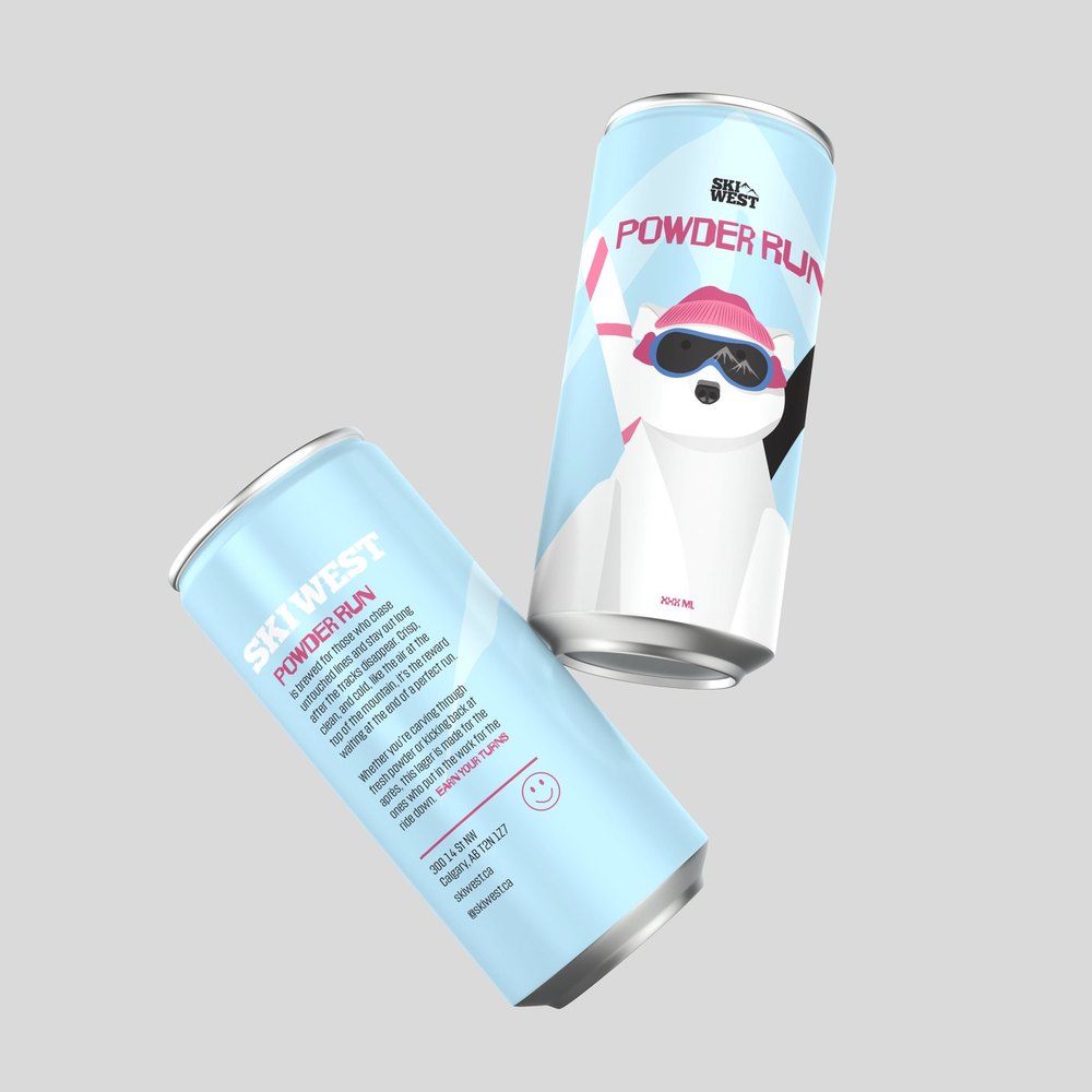 Two Ski West Powder Run cans with a polar bear in goggles
