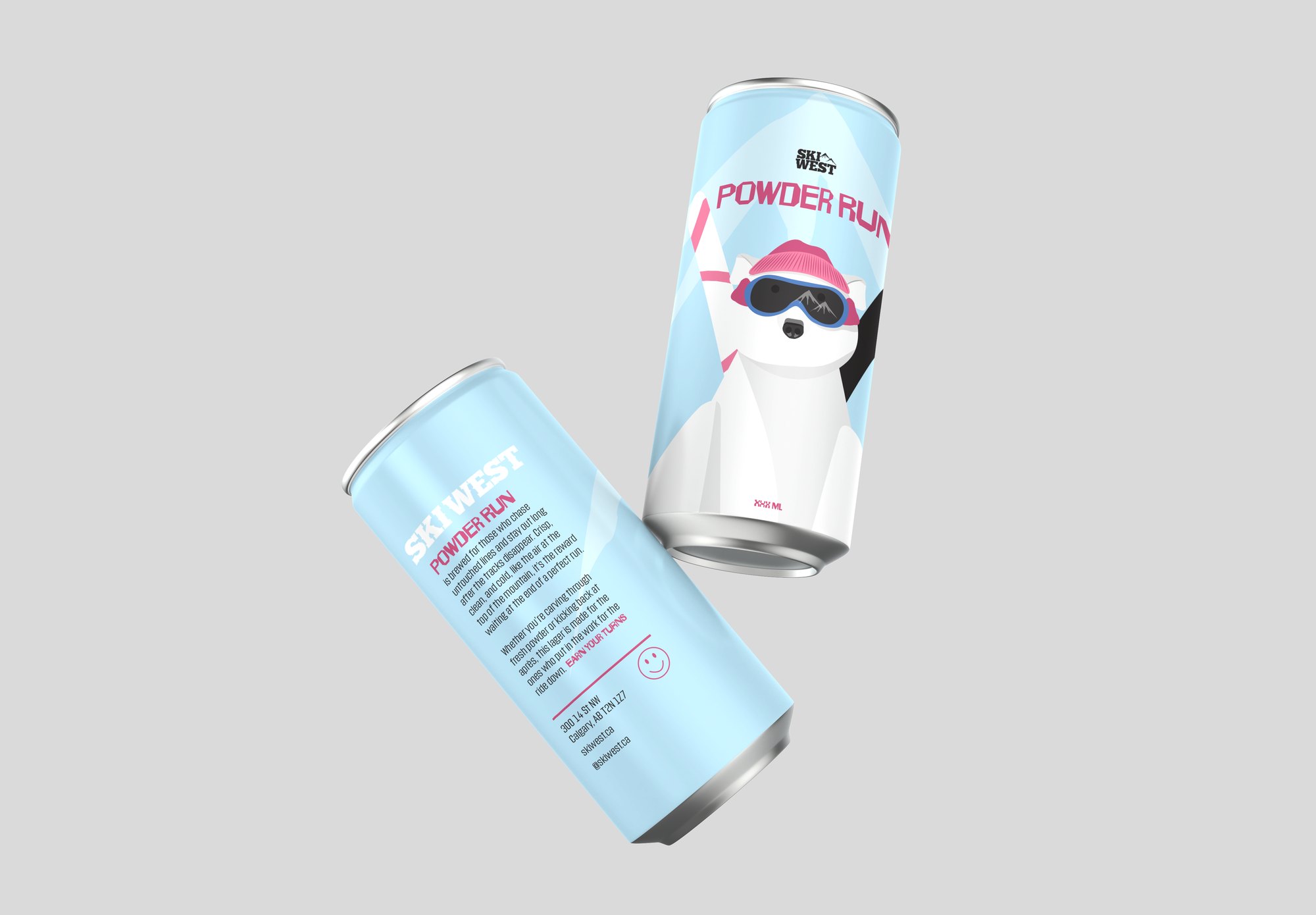 Two Powder Run cans floating against a grey background, front and back